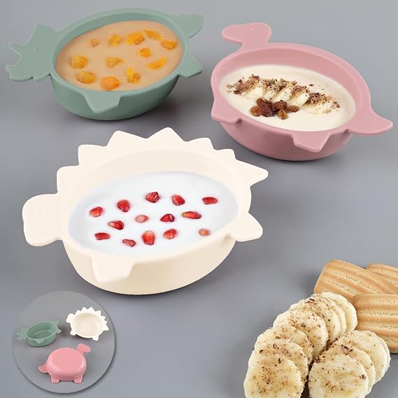 Meleni Baby 3'lü Hayvan Figürlü Silikon Bebek Mama Kasesi Seti - Şekilli Bebek Beslenme Kasesi Pembe Yeşil Bej