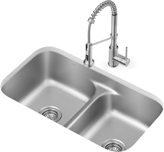 KRAUS Premier 32 in. Undermount 50/50 Double Bowl 18-Gauge Stainless Steel Kitchen Sink and Commercial Style Pull Down Faucet in Spot-Free Stainless Steel, KCA-1200
