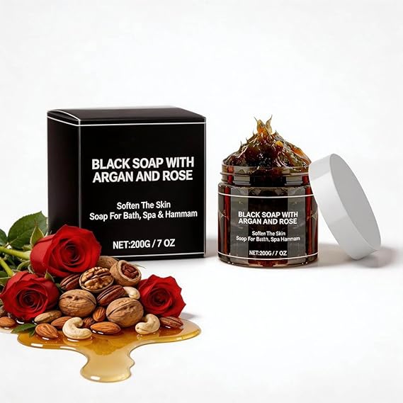 Moroccan Black Soap Hammam, Exfoliating Face and Body Cleanser | Black soap for face and body with argan oil and rose oil; helps cleanse daily buildup and leaves skin feeling soft and fresh