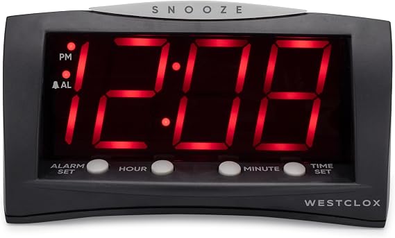 Westclox Digital Alarm Clock for Bedroom or Office, Large 1.8" Red LED Display with Oversized Snooze Bar, Corded with Battery Backup, (Black, 8-Inch)