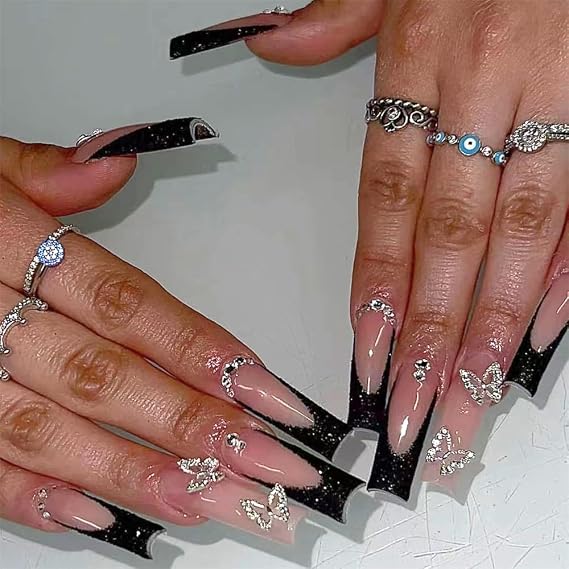 Long Square Press on Nails Rhinestones Acrylic Fake Nails with Beautiful Flower Design Glue on Glossy Full Cover Artificial Gel False Stick on Nail