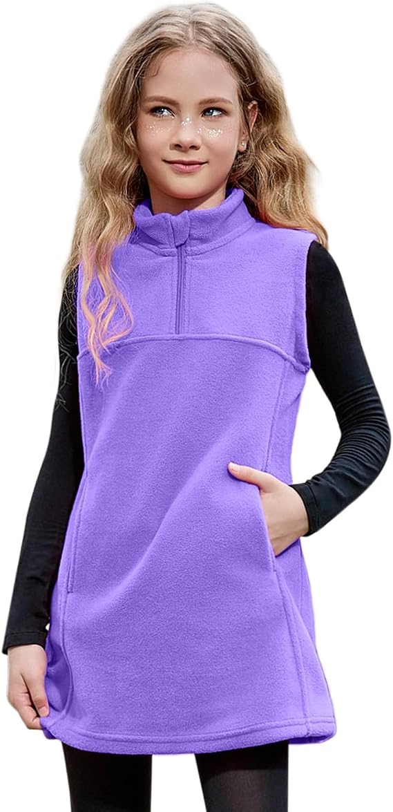 Girls Fleece Dress Quarter Zip Sleeveless Pullover Sweatshirt Polar Winter Thermal Vest Dress with Pocket