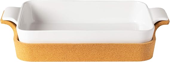 Casafina Ceramic 16" x 10.25" Rectangular Baker with Cork Tray - Ensemble Collection, White | Oven & Dishwasher Safe Bakeware | Food Safe Glazing | Restaurant Quality Dinnerware