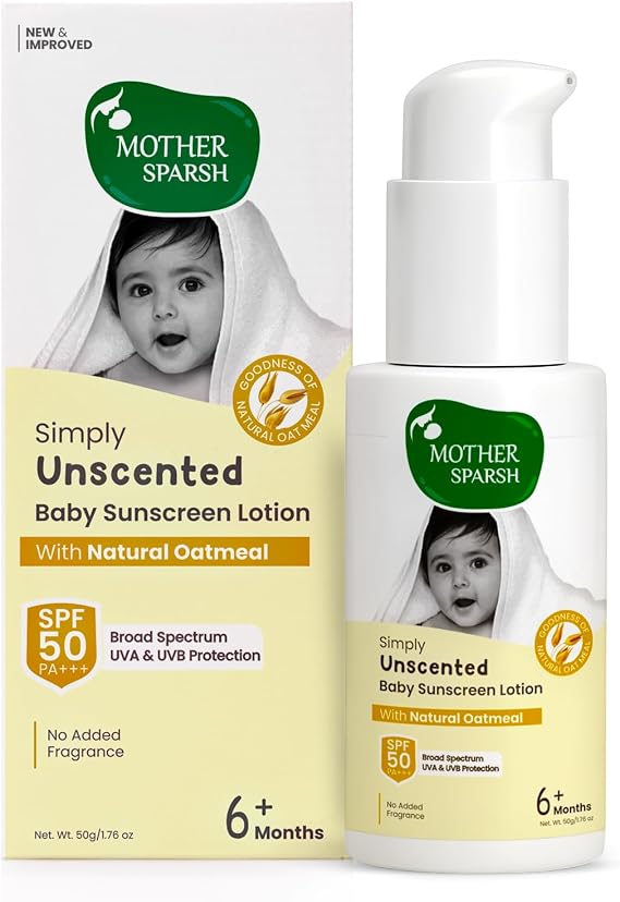 Mother Sparsh Simply Unscented Mineral Baby Sunscreen with Natural Oatmeal -50g, with SPF 50 & UVA/UVB Protection | Fragrance Free Sunscreen for Babies with Sensitive Skin