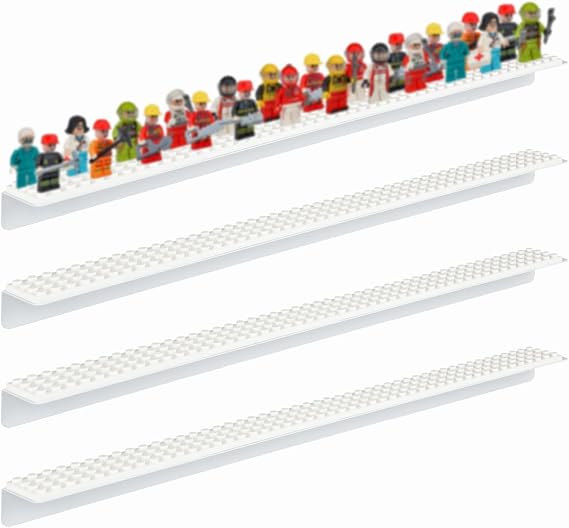 4 Set Minifigure Display Case, Action Figure Display Shelf with Brick Building Baseplate, Holds Up to 96 Figures, Magnetic Metal Floating Figure Display Cabinet Wall Mount for Lego Minifigure (White)