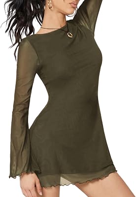 Milumia Womens Boat Neck Mesh Long Bell Sleeve Mini Dress Y2k Going Out Short Dresses Fall 2025