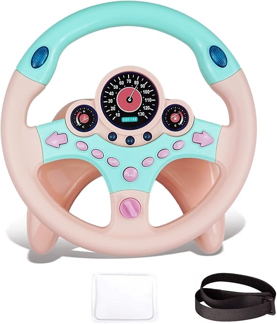 RedCrab Steering Wheel Car Driving Simulated Toy with Light and Music for Kids, Pretend Driving Seat Toys,Baby Electric Early Learning Educational Toys for Boys and Girls(Pink)