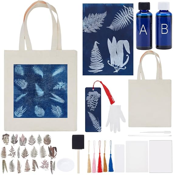 WEBEEDY DIY Cyanotype Kit with 30 Sheets Printing Paper,1 Blank Canvas Bag,10 Pcs Bookmarks for Adults Sun Print Nature Printing,Cyanotype Sensitizer Kit for Photographic Blueprints DIY Art Crafts