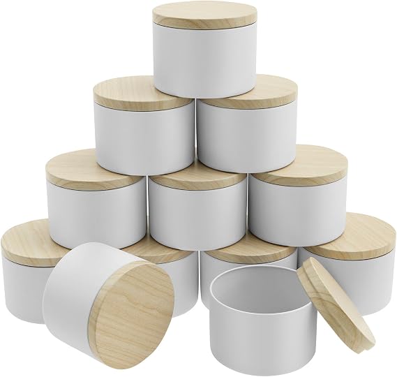 12 Pcs Empty Candle Tins, Iron Candle Making Jars, 8oz DIY Candle Container, with Wood Grain Lids, Candle Making Kit for Adults, for Storing Tea Coffee Spice (White)