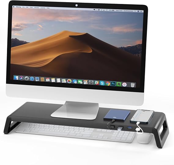 Monitor Stand Riser for Desk 4 USB 3.0 Hub Desk Monitor Riser Laptop Riser Stand,20.6*6.8Inch (USB 3.0 Balck)