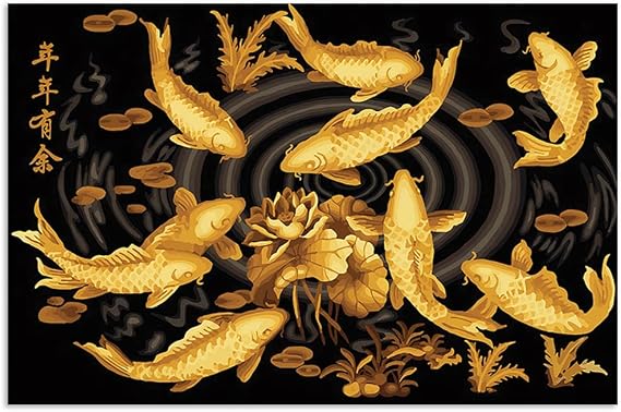 HPUXSYIO Lucky Gold Nine Koi Fish Animal Painting Wall Art Feng Shui Koi Fish Painting Posters Prints Picture for Office Living Room Home Decor (20x30inch,Unframed - Canvas only)