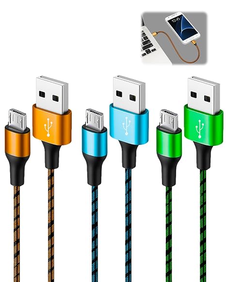 2M 3Pack Micro USB Cable Android Charger Cable Lead Fast Charging | USB A to Micro Charge Cable Braided Nylon Lead for Samsung Galaxy S6 S7 Edge S5 A6 J3 J4 plus J5 J6 J7 for Huawei Y7 Xbox PS4