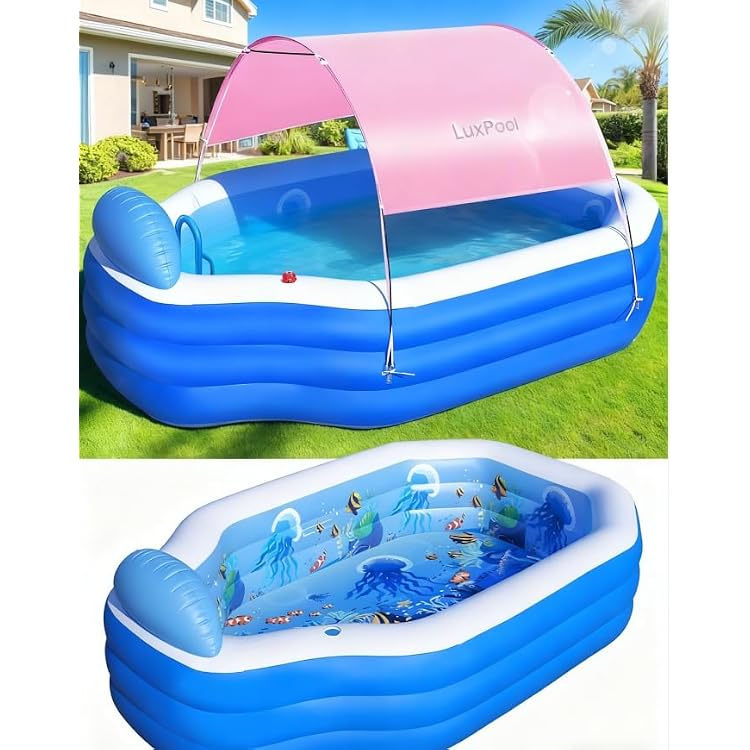 Inflatable Pool with Canopy, Large Inflatable Pools for Kids,Adults, Blow Up Pools with Seats,Oversize Thickened 118x75x22Inflatable Swimming Pools, Kids Pool for Backyard,Ocean Theme-Pink