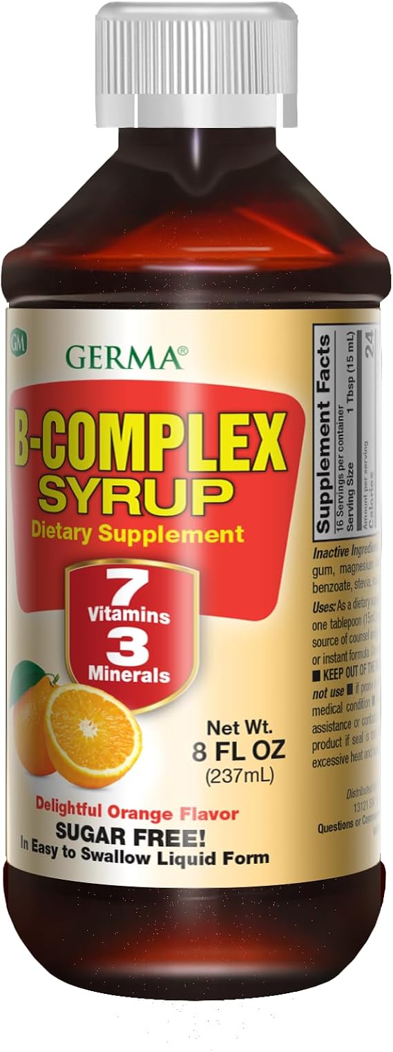 Germa B-Complex Syrup. Dietary Supplement. Bone Health, Growth and Development Aid. Sugar Free. Orange Flavor. 8 oz