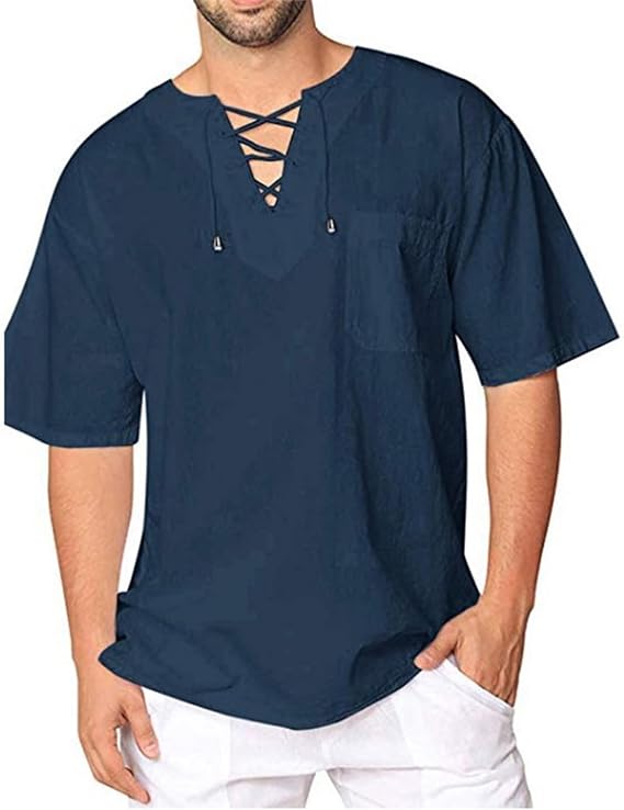 Cotton Linen Shirts for Men Casual Short Sleeve Lace Up Beach Hippie Tops Bohemian Renaissance Pirate Tunic T Shirt