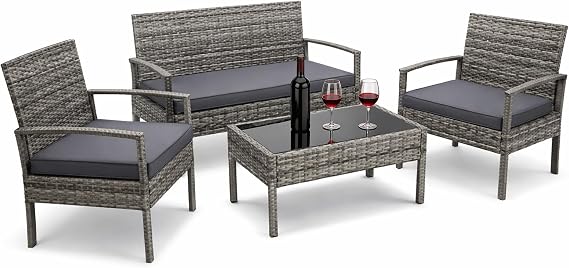 Minifactory 4-Piece Weatherproof Polyrattan Garden Furniture Set, Compact Outdoor Patio Seating Group with 2 Armchairs, Bench, Table & 3 Cushions, Rattan Sofa Set for Garden, Balcony (Black)