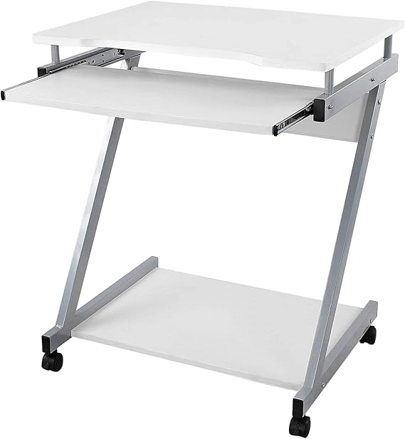 Vasagle Desk, 4 Wheel Computer Desk, Pc Desk, Smooth Keyboard Extension, Easy Assembly, Space Saving Z-Shaped Pc Desk, White, LCD811W, 60 X 48 X 73 Cm