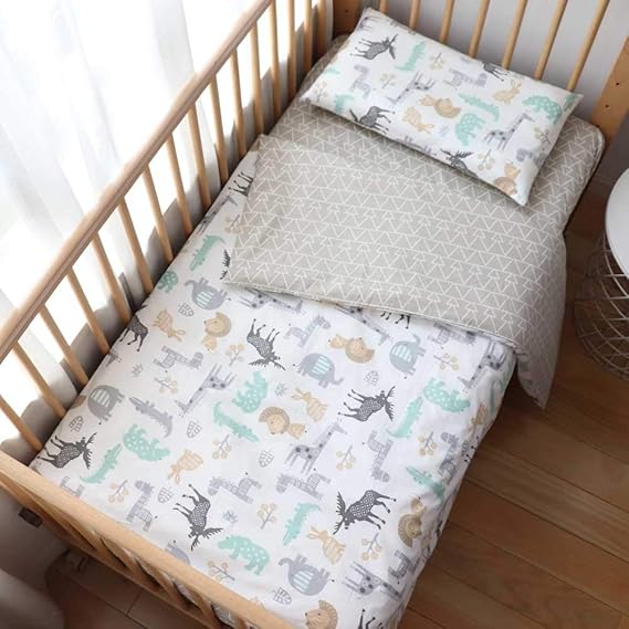 3Pcs Cotton Crib Bedding Set Duvet Cover Fitted Sheet Pillowcase | No Filler,Fits Standard Crib,Suitable for Baby Boys Girls,Cute Jungle Animals Print,Elephant,Giraffe,Lion,Zebra,Nursery Decor