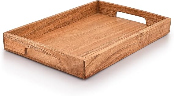 Samhita Acacia Wood Serving Tray With Handles for Breakfast, Snacks, Coffee Tables (38.1cm x 25.4cm x 4.06cm)