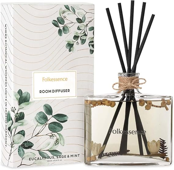 Folkulture Reed Diffusers for Home | (5.07 fl oz) Scent Diffuser for Homes with 5 Diffuser-Sticks | Accessories for Bathroom Decor | Fragrant Diffusers for Gifts for Her | Eucalyptus, Sage & Mint