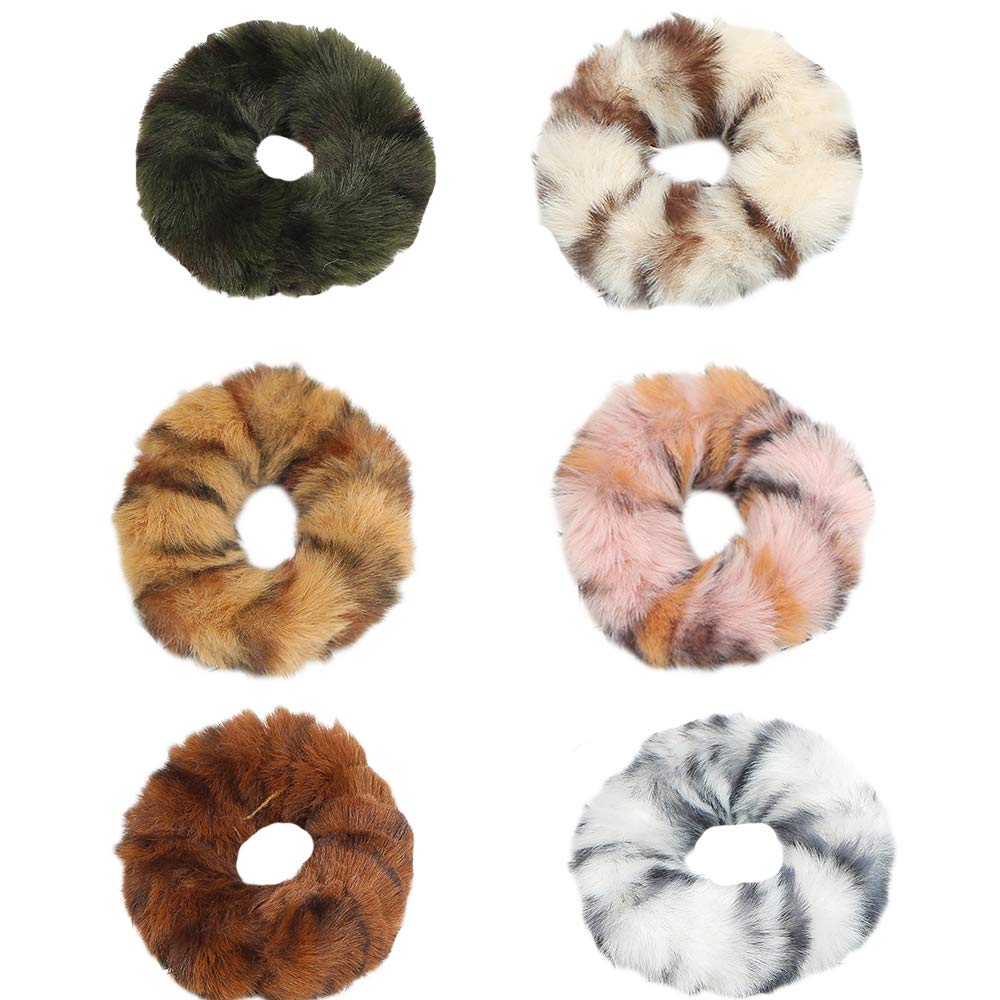 Pack of 6 Faux Ru Furry Scrunchies, Fur Hair Bands Wristband Hair Rings, Women Girl kids Faux Fur Fluffy Ball Hair Band Rope, Hair Tie Ponytail Holder Hair Accessories 6PCS-A