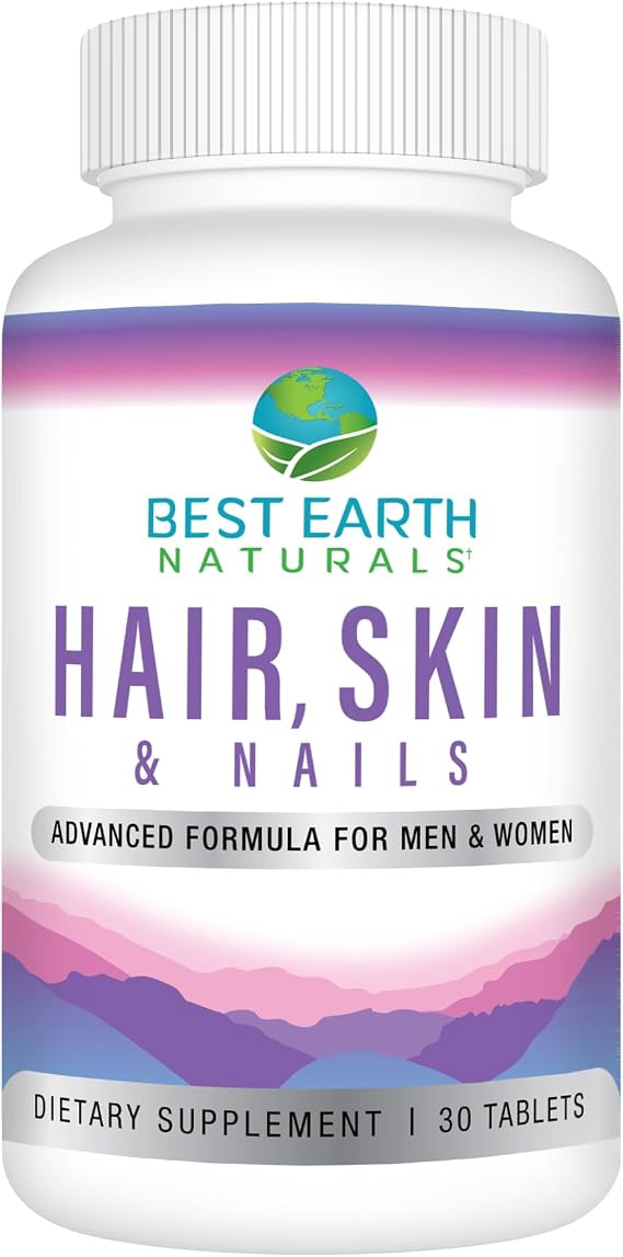 Best Earth Naturals Hair, Skin and Nails Supplement with Biotin, Collagen, Vitamins for Healthy Hair, Glowing Skin, Strong Nails