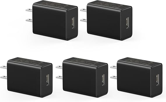 5-Pack USB Wall Charger, 5V 2A UL Certified Power Adapter Block Bulk Black