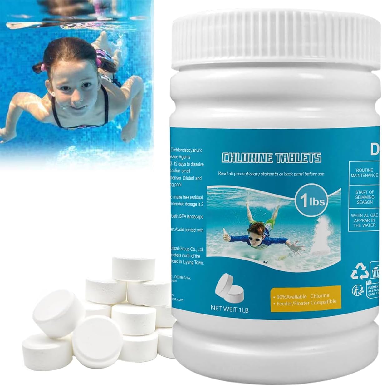 1LB Chlorine Tablets for Swimming Pool, Chlorine Tablets for 1 inch Tub, Suitable for Swimming Pools Spas and Hot Tubs Fountain, Water Park Bathtub