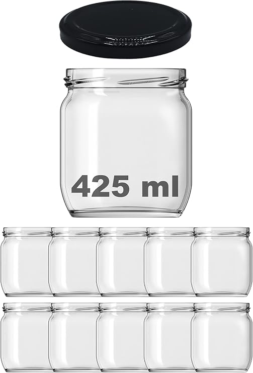 Afracam 425 ml Metal Siyah Kapaklı Şeffaf Cam Kavanoz 10 Adet