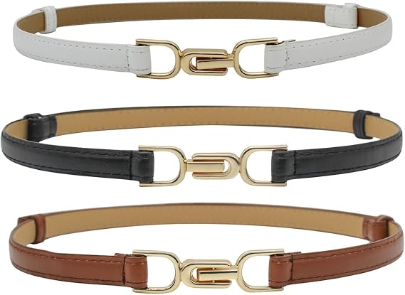 3 PCS Women Skinny Leather Belt, Adjustable Thin Waist Belts Fashion Ladies Belt PU Leather Belt with Metal Buckle