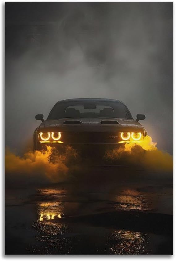 CWBUFD Muscle Car Poster SRT Hellcat Industrial Style Smoke Effect LED Lights Decorative Canvas Family Bedroom Artwork Picture Painting 12x18inch(30x45cm)