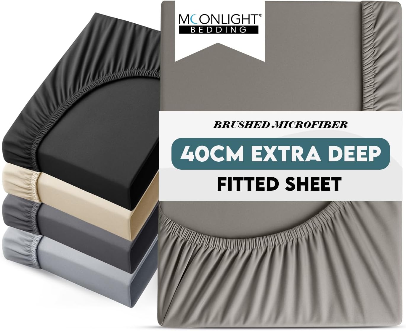 Moonlight Bedding Double Fitted Sheet 40 Cm Extra Deep Pocket Grey Bed Sheets 16 inch Ultra Soft Bottom Sheet Brushed Microfiber Breathable Shrinkage and Fade Resistant