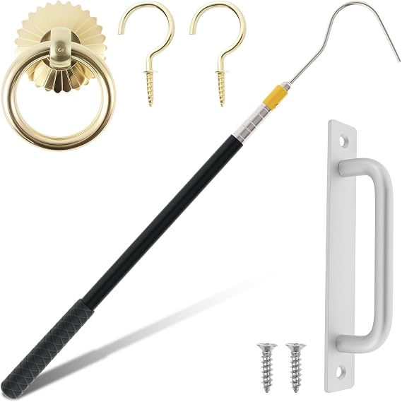 Attic Pull Down Hook, Adjustable 60 inch Rod with Handle Screw Brass Ring, Stainless Steel Attic Pull System Tool Kit for Ceiling Access Roof Inspections