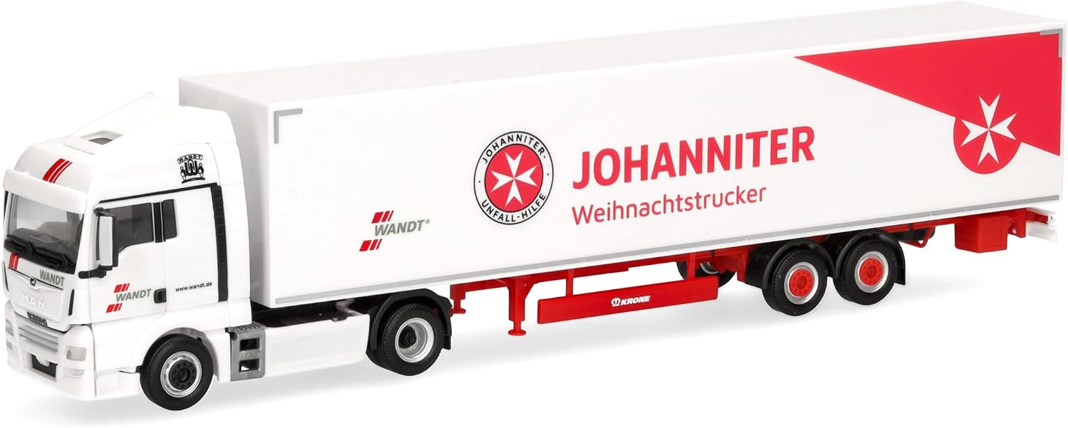 Herpa MAN TGX XLX Euro6c Truck Model Suitcase Semi Trailer Wall / Johanniter Christmas Truck Miniature Scale 1:87 Collectable Made in Germany Plastic