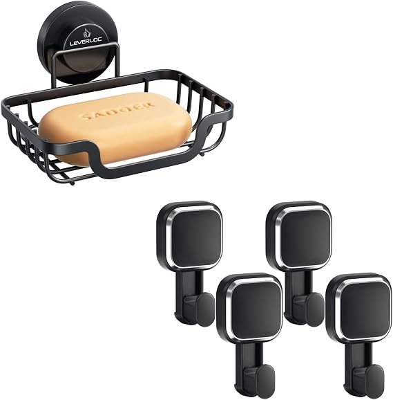 LEVERLOC Soap Dish & 4 Pack Suction Cup Hooks for Inside Shower, Soap Bar Holder for Shower Wall Mounted, No-Drilling Removable Waterproof for Bathroom Tub Kitchen Sink, Keep Dry, Black