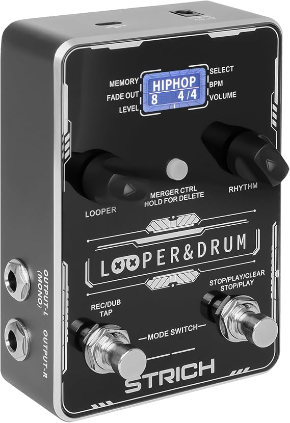 STRICH Stereo Looper Pedal Built-in Drum Machine for Electric Guitar, Black | 100 Diverse Drum Patterns, 160 Minutes Recording Time, USB for Audio Import or Export, Software Editing