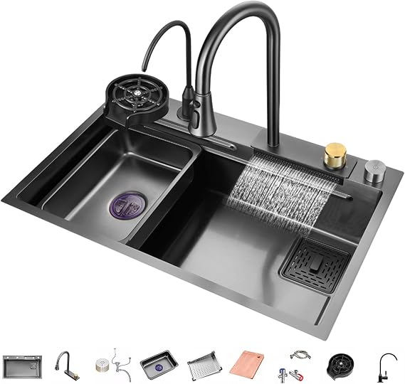 304 Stainless Steel Kitchen Sink Multi-Purpose Waterfall Bar Sink Single Bowl Nano Rv Sink With Pull-Out Faucet Top Mount Or Undermount (Color : Black-c, Size : 80x45x22cm)