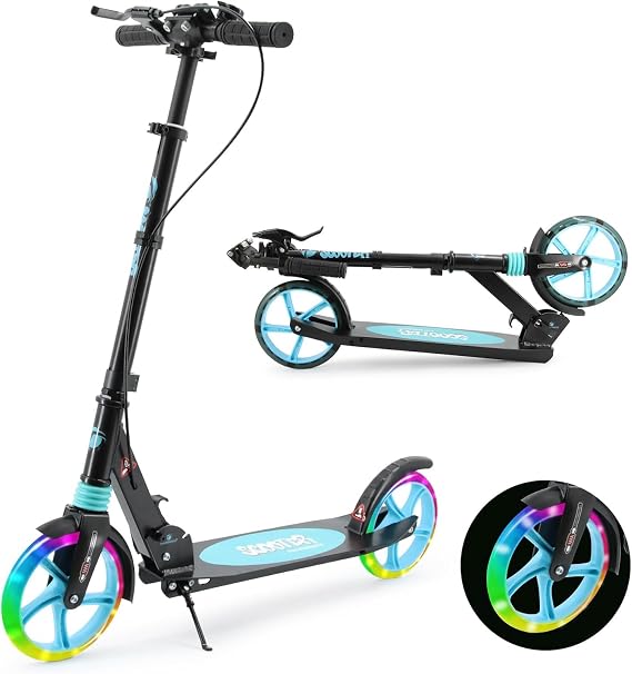 Scooters for Adults Kids Teenagers with Discbrake Handbrake, Dual Suspension City Scooter for Kids Ages 8-12, Large Wheels Folding Adjustable Scooter, Free Carry Strap and Bell