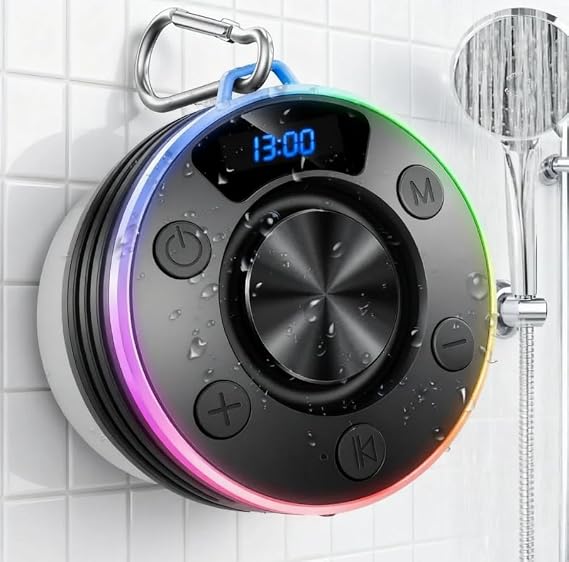 Bluetooth Speaker, Shower Speaker Portable with Hook, IPX7 Waterproof Bluetooth Speakers with Suction Cup, Digital/Time Display, Crystal Sound, Small Wireless Speakers for Outdoor Bathroom Gifts,Black