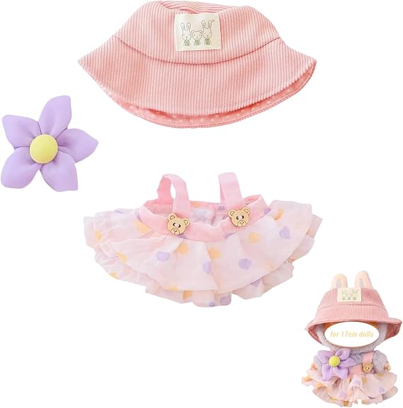 Dolls Clothes Compatable with Labubu, 17cm Cute Summer Outfit Dolls Dress Accessories (Pink Hat Clip Dress Set)