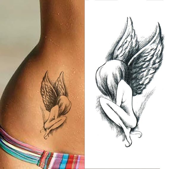 Small Cute Temporary Tattoo Sticker Set of 2 - Sketch Black Dark Angel Designs for Hand Neck Face Wrist, Waterproof Fake Body Art, Simple & Modern Unisex Skin Decals