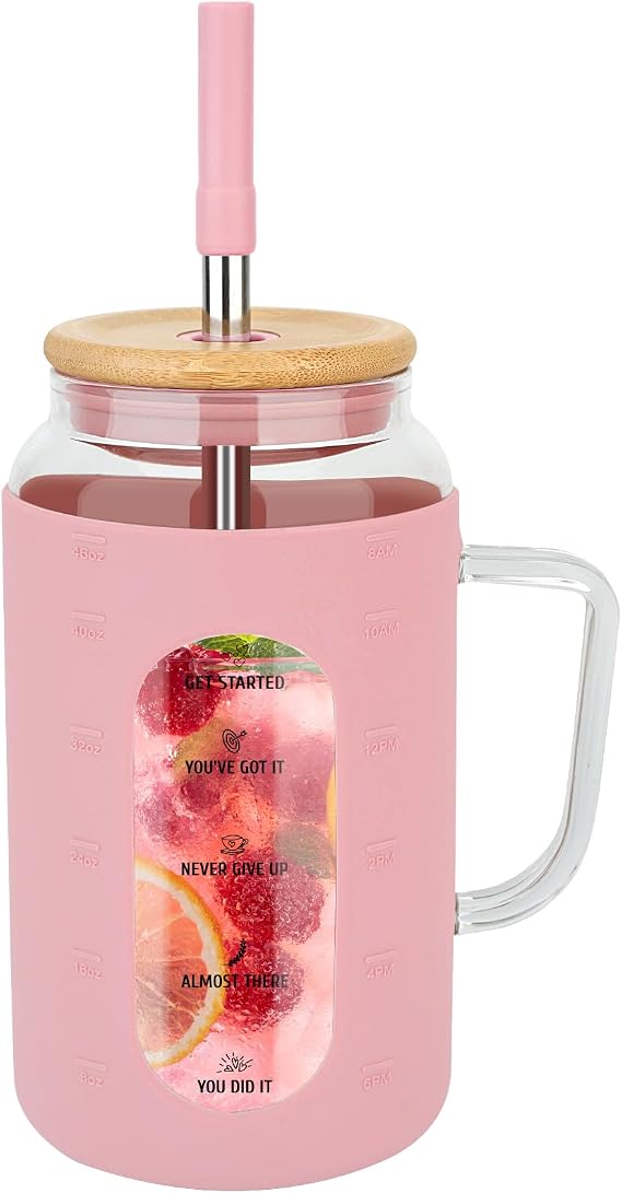 Zenbo 50 oz Glass Water Bottle with Handle, Lid & Straw, Time Marker