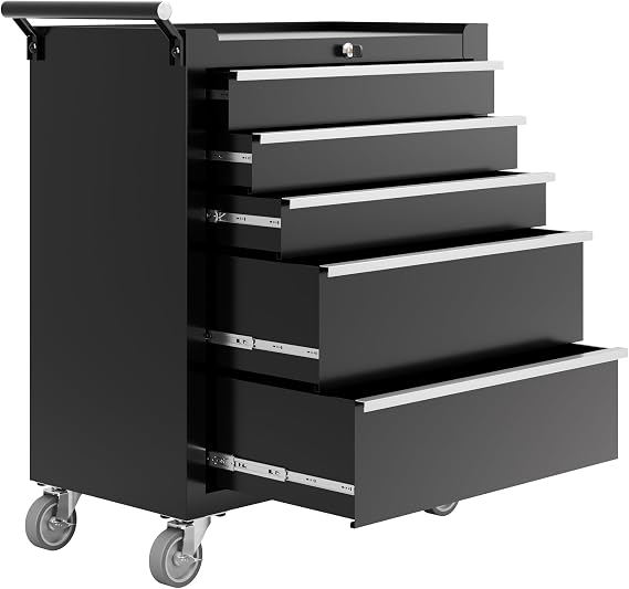 PeakPursuit 5-Drawers Rolling Tool Chest, Portable Tool Box with Wheels and Lock System, Secure Storage Cabinet for Warehouse, Workshop, and Repair Shop, Black