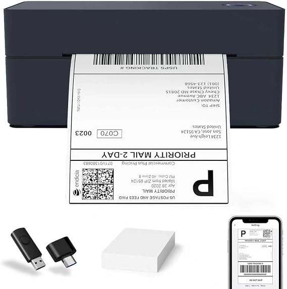 Thermal Shipping Label Printer for Small Business, Small Label Printer, Compatible with Bluetooth macOS/Windows/iOS/Android with USB-C, Works with Amazon, Ebay