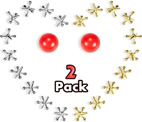 Gejoy 2 Sets Metal Jacks Game with Ball for Kids and Adults Board Game