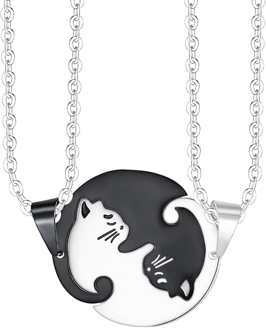 Cat Matching Necklaces Best Friend Necklace Couple Necklaces Heart Yin Yang Friendship Necklace for 2 Men and Woman Pendant Set, Friendship Jewelry Birthday Gifts (Round Black Cat Matching Necklaces)