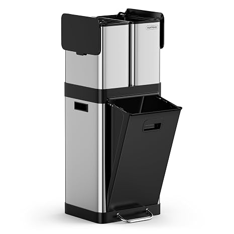VonHaus Kitchen Triple Bin, 32L Vertical Recycling Bin, Stainless Steel Three Section Food Waste Separation System, 1 x 20L Main Compartment & 2 Removable 6L Counter Top Caddies, Narrow Trash Can | Three Section Food Waste Separation System, 1 x 20L Main Compartment & 2 Removable 6L Counter Top Caddies, Narrow Trash Can