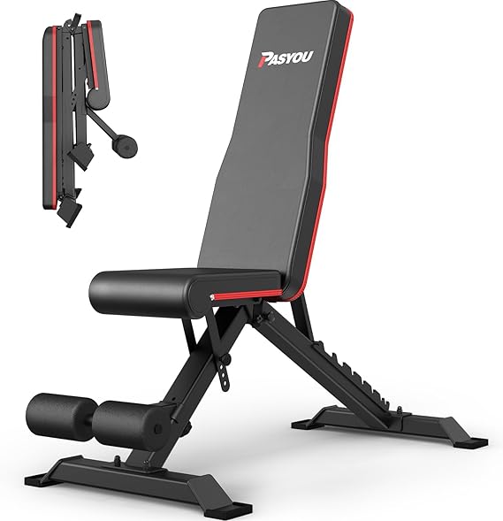 PASYOU Adjustable Weight Bench, 660LB Capacity Foldable Workout Bench, Incline Flat Bench Press for Home Gym, Dual-Frame Strength Training Bench, No Assembly Required, Wider Seat