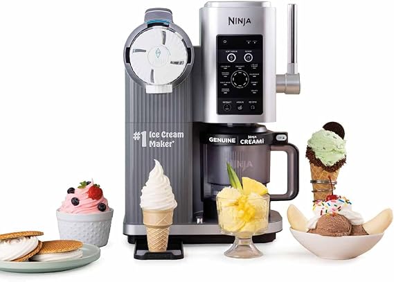 Ninja CREAMi Scoop and Swirl Soft Serve and Ice Cream Maker with 2x Cans 13 Functions Makes Ice Softserve Gelato Sorbet Milkshakes and More Mix-In Option Platinum Silver NC701UK