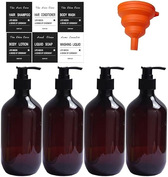 4 PcsSoap Dispenser Bottles with Pump, 500 ml/17 oz Brown Hand and Dish Soap Dispenser Set, Plastic Soap Dispensers with Pump for Hand Dish Liquids Kitchen Sink Bathroom Decor,with Labels & Funnel